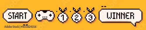 Pixel art small set with start button, joystick, gold, silver and bronze medals and Winner speech bubble.