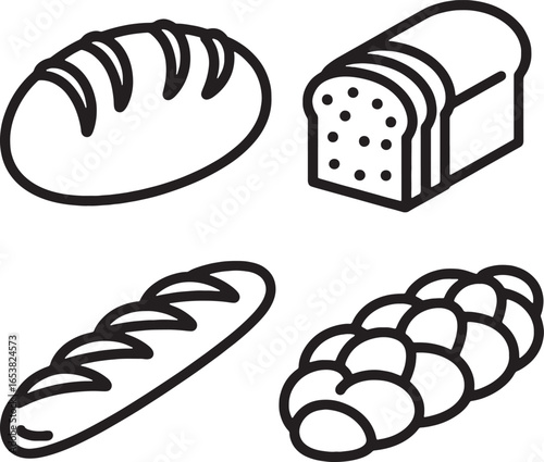Assortment of Bread Types Icons Including Loaf and Baguette food bakery