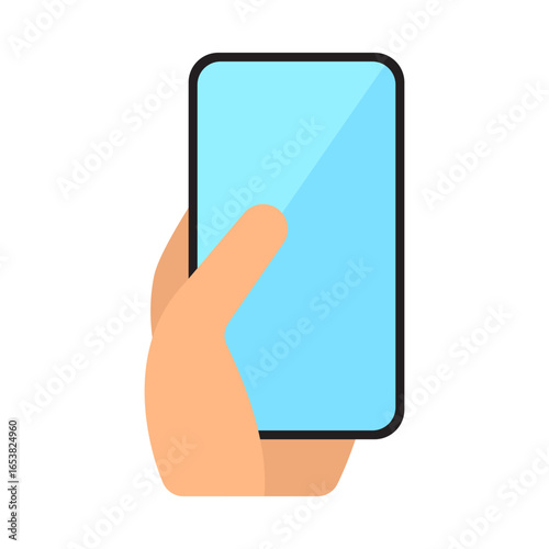 Smartphone held in hand showing screen display. Perfect for mobile app icon, UI,UX design, or modern technology concepts. Realistic hand holding smartphone scene