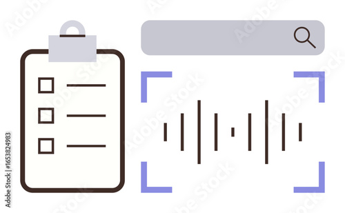 Clipboard with checklist, search bar, and soundwave. Ideal for productivity, technology, speech recognition, task management, automation AI tools and innovation. Minimal flat metaphor