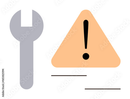 Gray wrench next to orange triangle with exclamation mark symbolizing maintenance, repair, warning. Ideal for system alert, troubleshooting, technical error, safety, caution, process optimization