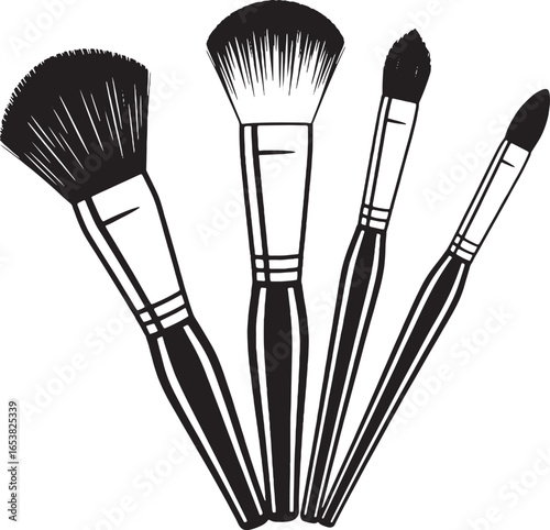 Collection of Four Black and White Makeup Brushes in a Fan Arrangement cosmetics beauty