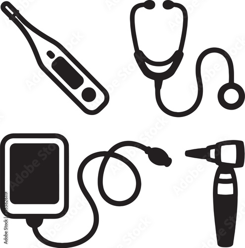 Medical Diagnostic Equipment Icons Including Stethoscope and Thermometer blood pressure monitor