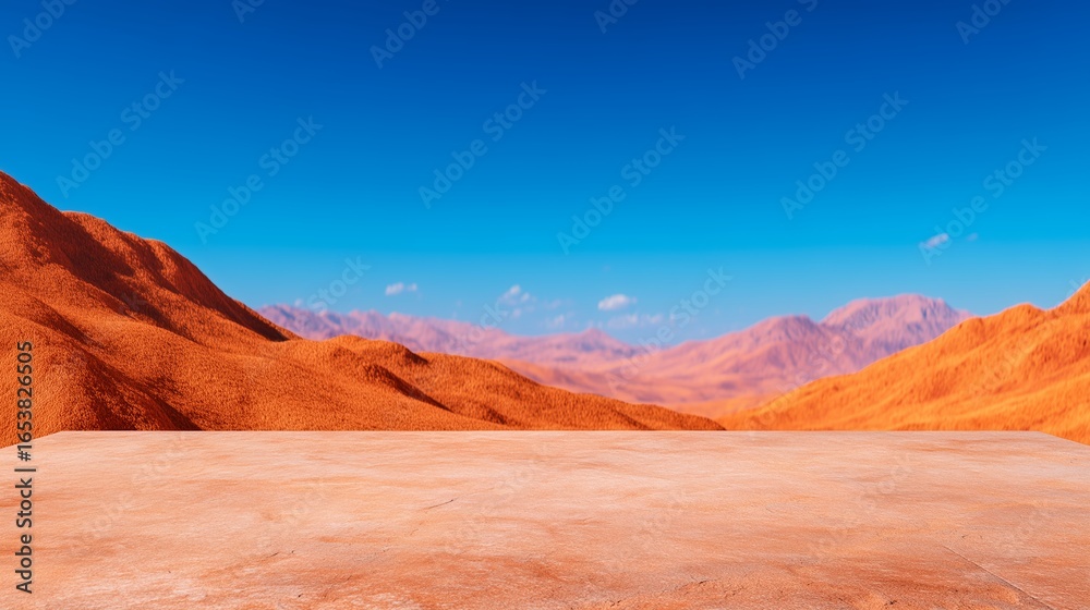 Fototapeta premium A vibrant, colorful landscape panorama showcases a flat expanse, bordered by reddish-orange mountains, under a clear, cerulean sky.
