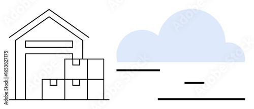 Warehouse building with boxes representing storage, alongside a cloud for digital storage. Ideal for logistics, inventory, supply chain, ecommerce, digital transformation, cloud solutions, simple