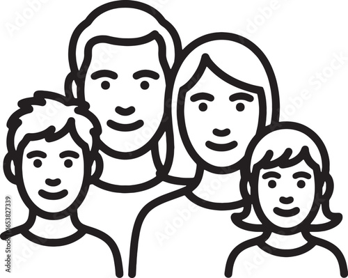 Stylized line art illustration of a happy family group people parents
