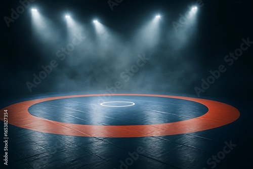 Spotlit wrestling mat in a dark arena creates a sense of anticipation and focus for competition.