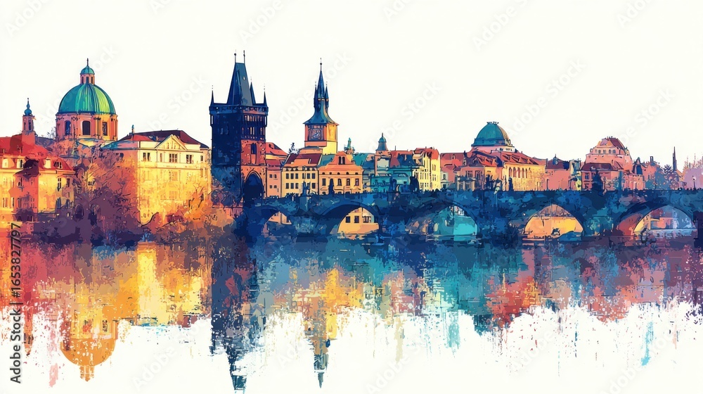 Obraz premium An enchanting view of Prague at sunset reveals stunning architecture along the Vltava River. The warm colors blend beautifully, highlighting the city's rich history and culture.
