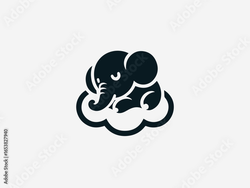 Peaceful baby elephant sleeping soundly on fluffy cloud in dreamy vector logo