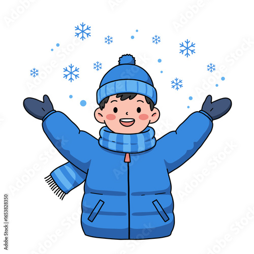 Cheerful cartoon boy in a blue winter jacket beanie and scarf with arms open to falling snowflakes.