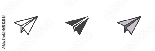Paper plane send icon set in line, solid and filled outline style