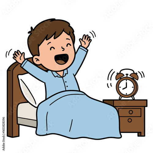 Cheerful cartoon boy in blue pajamas waking up stretching his arms in bed with a happy yawn.