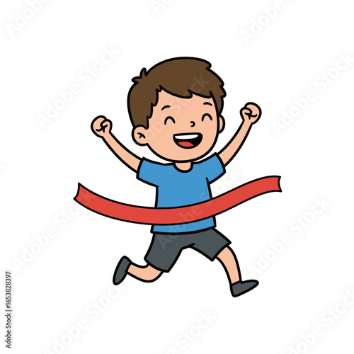 Cheerful cartoon boy in blue shirt and grey shorts crossing red finish line arms raised in victory.