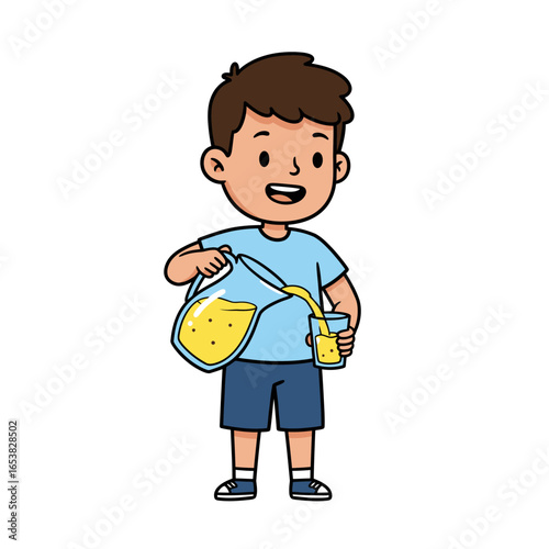 Cheerful Cartoon Boy Pouring Yellow Beverage from Pitcher into Glass.