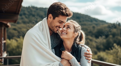 Romantic couple wrapped in blanket on a cabin balcony looking at each other