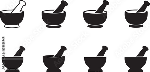 Eight black mortar and pestle icons arranged in two rows on a white background grinding crushing