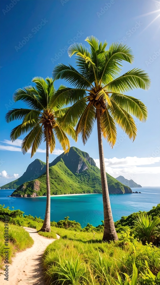 Fototapeta premium Tropical beach scene with two palm trees framing a tranquil bay and mountains under a vibrant sky