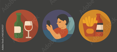 Flat Vector Unhealthy Lifestyle Icon Set – Junk Food, Smoking, Smartphone Addiction, Stress, Overeating Habits