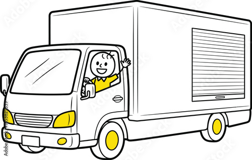 Delivery truck cartoon illustration with driver waving hand