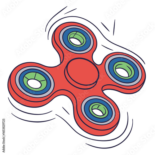 Red fidget spinner toy spinning in motion, vector illustration on a white background.