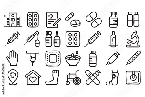 Microscope, Pills and Vaccine Healthcare Icon Collection