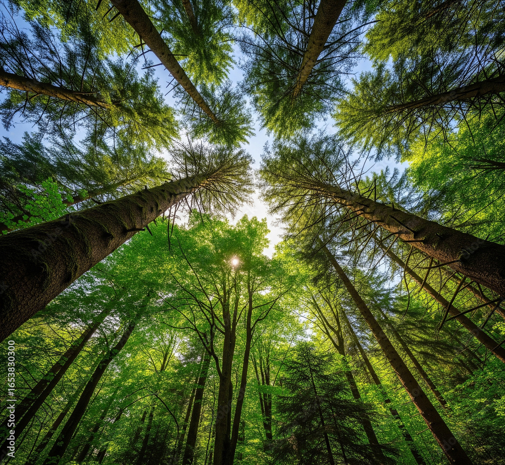 Naklejka premium Looking up Through Lush Green Forest Canopy, Sun Filtering Through Branches 