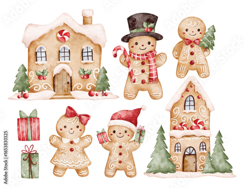 Watercolor Illustration Set of Gingerbread and Christmas Ornaments