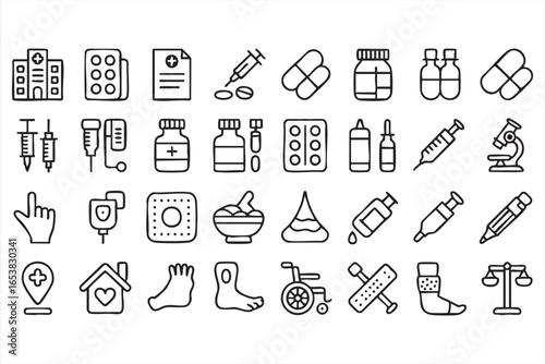 Healthcare, Prescription and Laboratory Outline Symbol Set