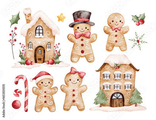 Watercolor Illustration Set of Gingerbread and Christmas Ornaments