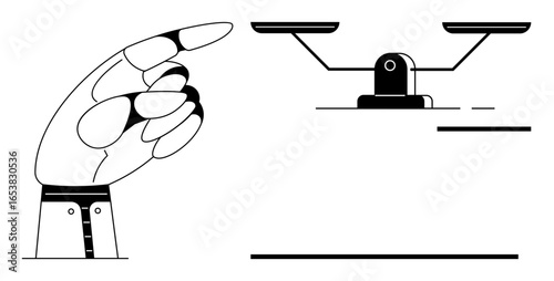 Stylized hand pointing toward balance scale emphasizing fairness, choice, equality, accountability, and ethical judgment. Ideal for law, decision-making, justice, responsibility equality integrity