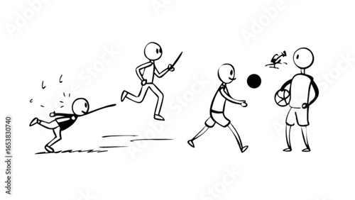 Stick figure sports and games illustration showing running catching and playing with a ball in black and white