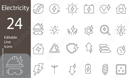 Electricity Editable Line Icons Set. light bulb, cable, wire, voltage and more. Pictograms and infographics, Electricity related icons. Vector illustration