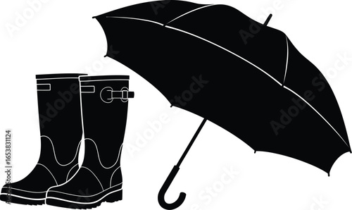 Black umbrella and boots vector illustration rain concept