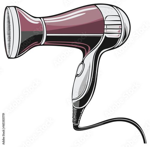 Stylized illustration of a modern purple hairdryer appliance for hair care