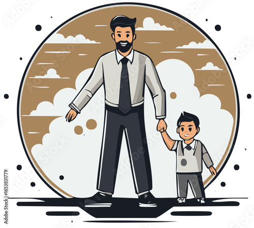 Joyful father walking with his young child fatherhood celebration with cartoon style clouds