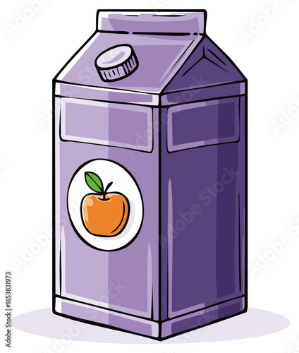 Cartoon illustration of a purple fruit juice carton with a screw cap