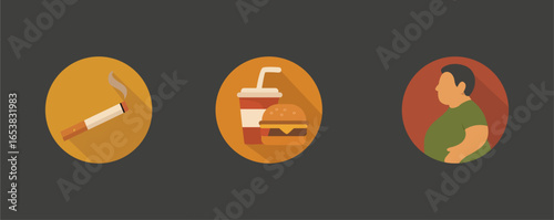 Unhealthy Lifestyle Icons Set – Smoking, Fast Food, Obesity