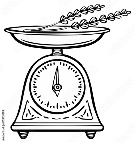 Antique Kitchen Scales with Lavender Sprigs Drawing Illustration