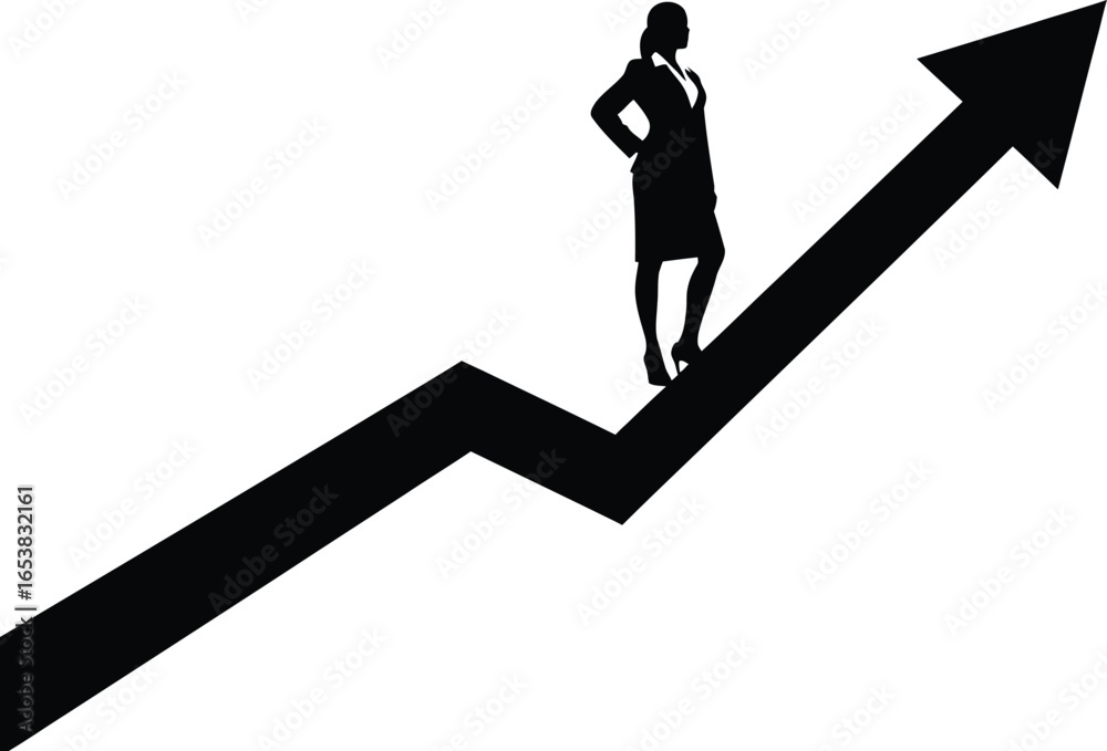 Fototapeta premium Businesswoman standing on a zigzag arrow pointing upward, symbolizing career growth isolated on white background