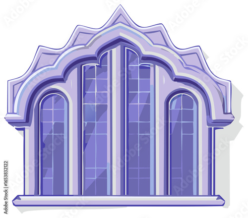Stylized ornate window with multiple arched frames and gothic architectural details in purple hues