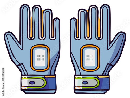 Stylized Gloves Vector Illustration Pair Blue Grey Orange Wrist Strap Sport Equipment