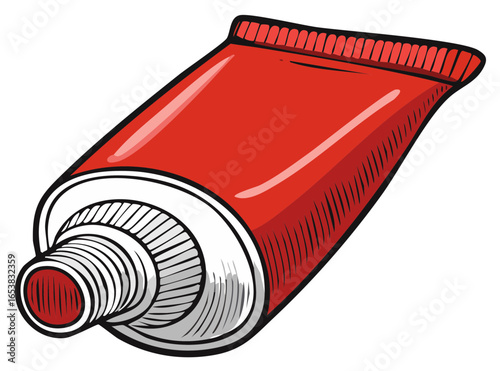 Stylized red tube with detailed cap and threaded nozzle conveying personal care product