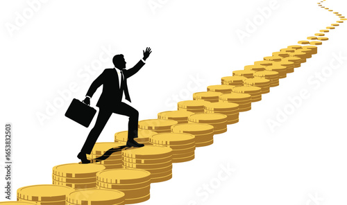 Businessman climbing on stack of coins isolated on white background shows financial success and career