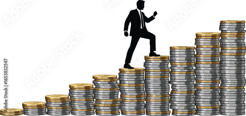 Businessman climbing on stack of coins isolated on white background shows financial success