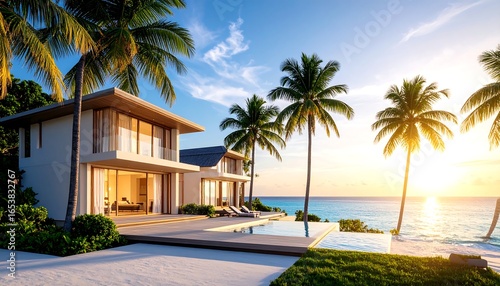 Tropical beachfront home with infinity pool at sunset