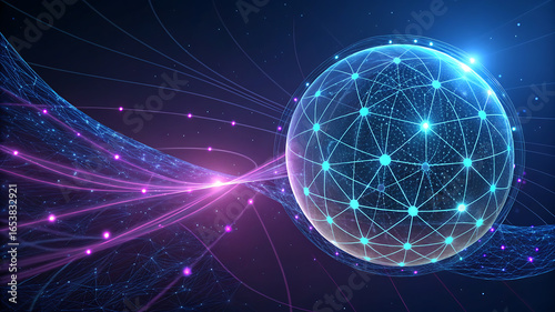 Abstract digital globe network with glowing connections and futuristic light trails