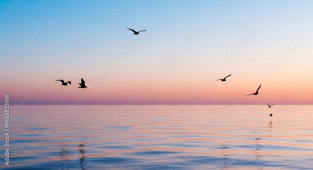 Fototapeta premium Silhouette seagulls soar over a calm, pastel sunrise ocean.
