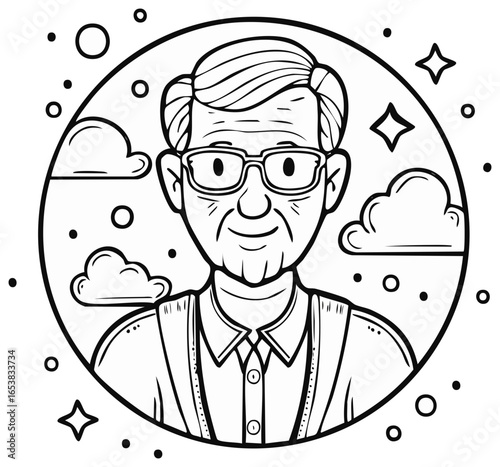 Kind elderly man with glasses smiling in a round frame with clouds and stars black and white illustration