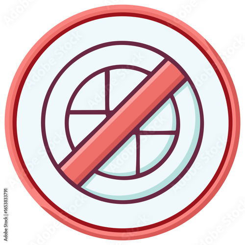 Stylized graphic of a prohibition sign with a diagonal bar over a circular shape.