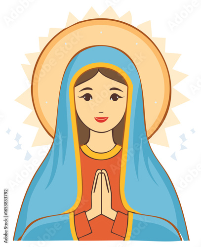 Stylized Virgin Mary religious illustration with blue veil and golden halo praying humbly